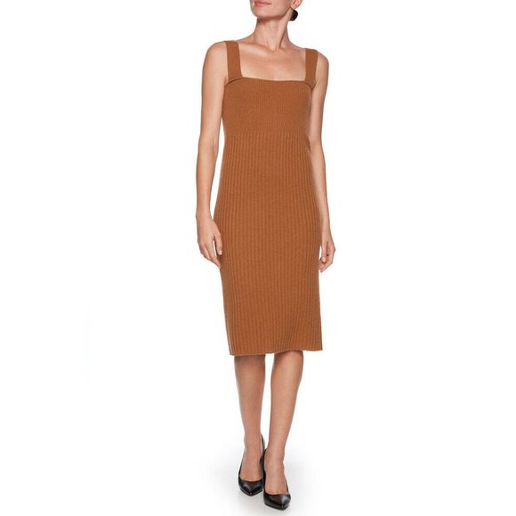 MAGASCHONI Fitted Midi 100% Ribbed CASHMERE DRESS M Brown NEW $398 - Picture 3 of 5
